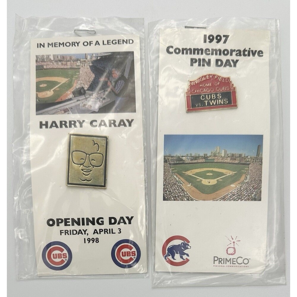 NOS Sealed Chicago Cubs 2pc Pin Lot  1998 Harry Caray Opening Day 1997 Twins SGA